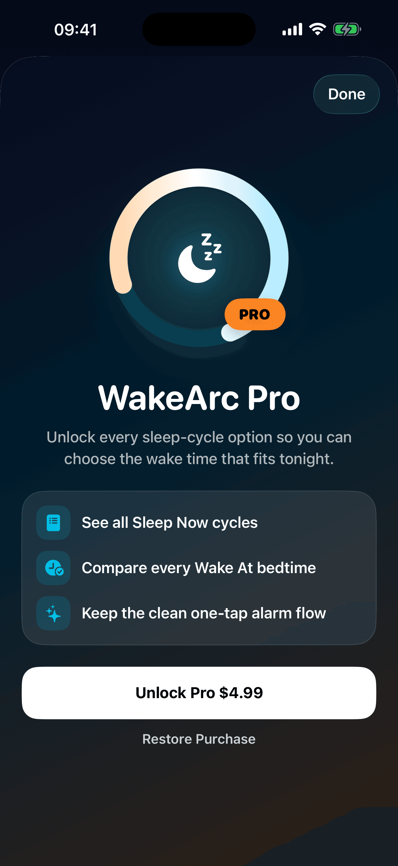 WakeArc Pro screen showing the one-time unlock benefits
