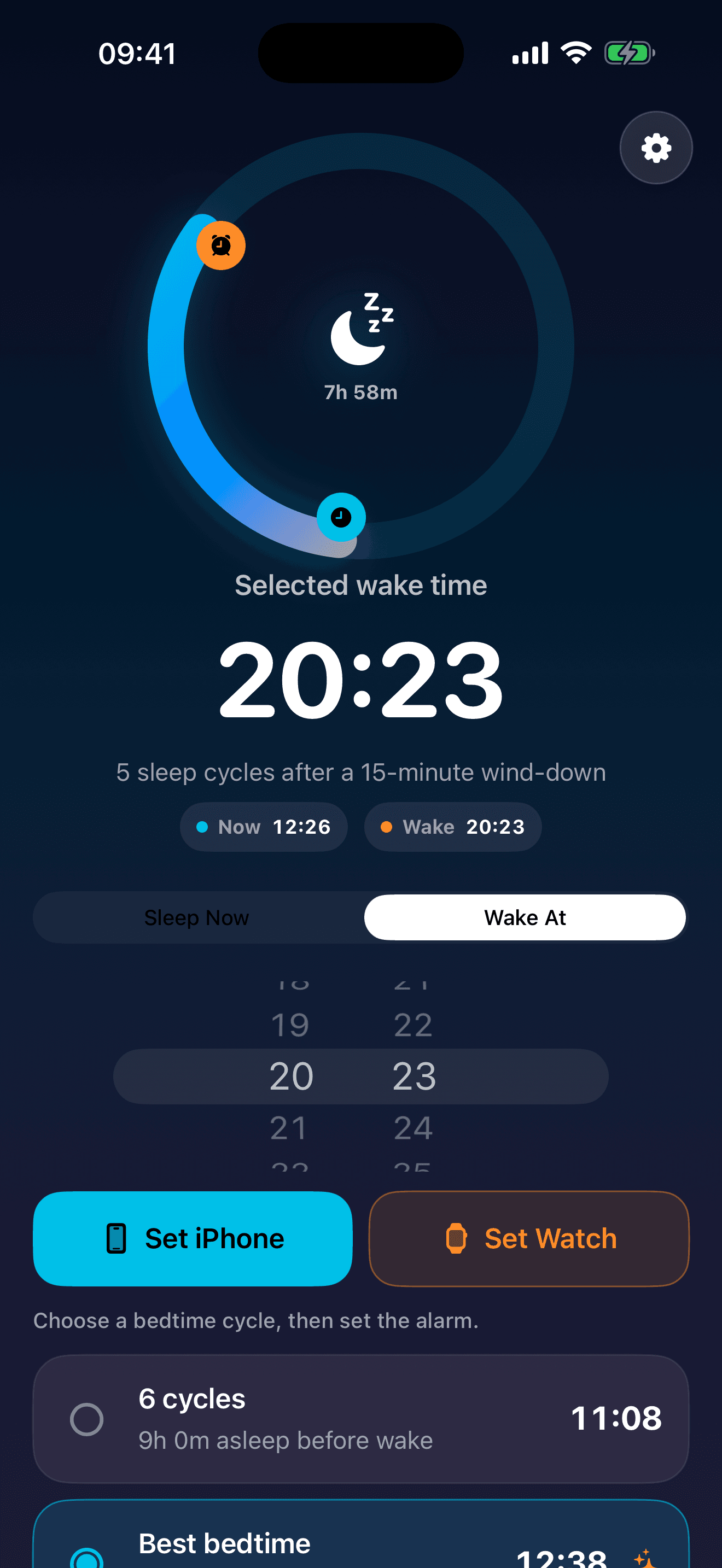 WakeArc Wake At screen for choosing a morning wake time
